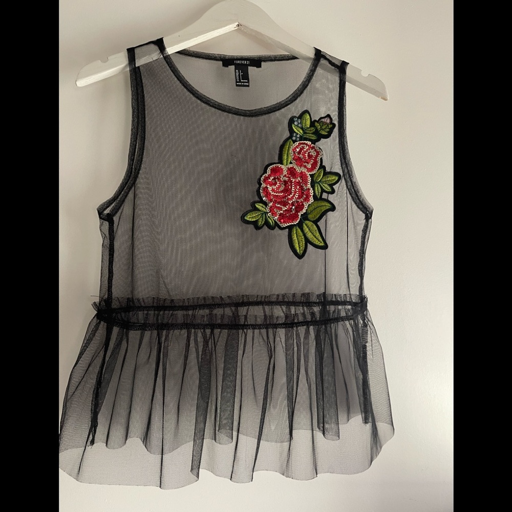 Forever 21 Red Sequin Flower Black Sheer Tank Top - Small - Tule